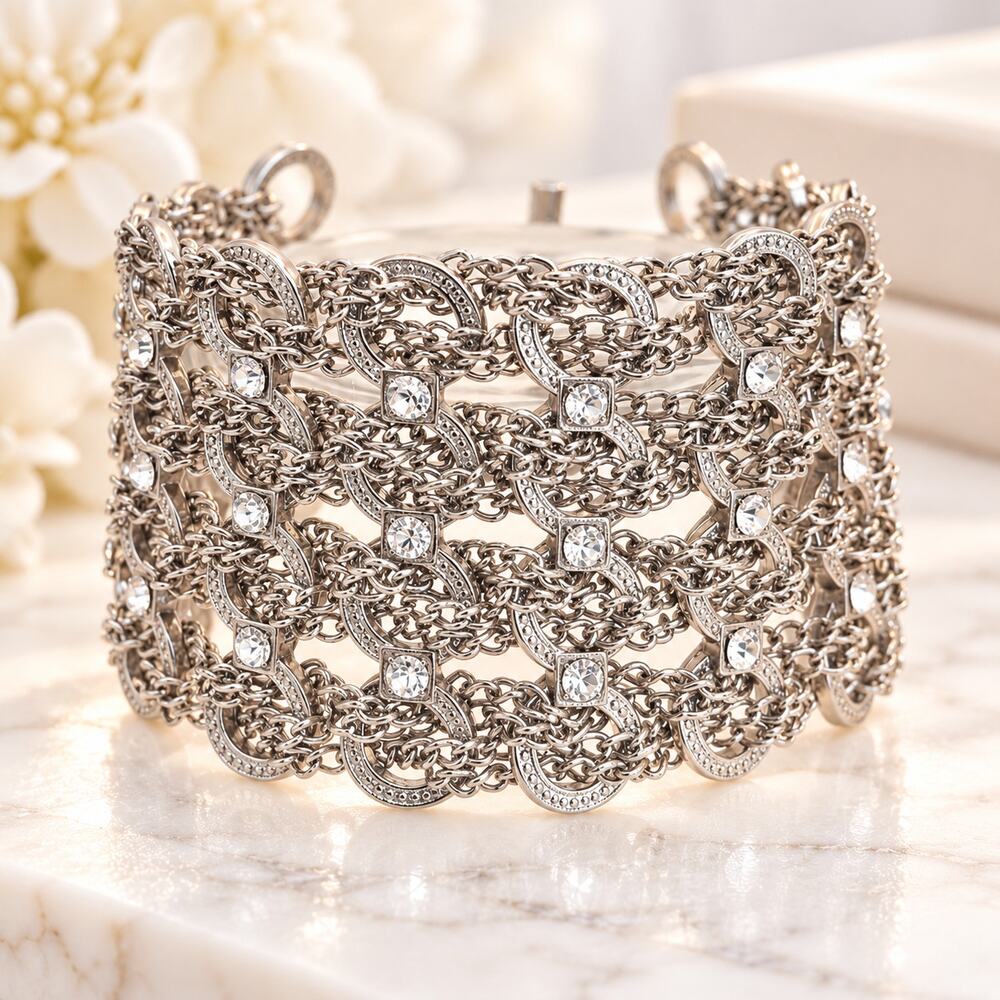 Wide Silver Tone Chainmail Rhinestone Cuff Bracelet Toggle Y2K Boho Glam
